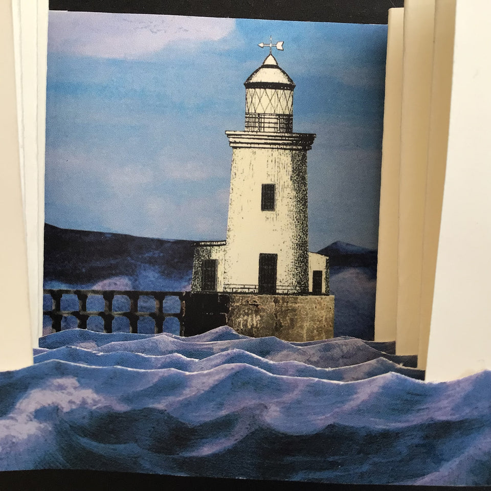 Lighthouse on a coastal scene with waves and sky.