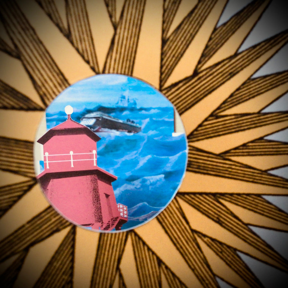 Circular artwork with a lighthouse and ship on a decorative background